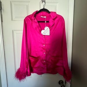 Silky Feather-Trim Button Front Matching pajama set- Hot Pink